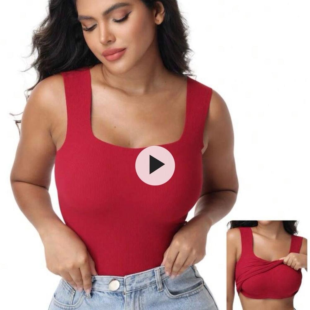 chic Red Ribbed Square-Neck Tank Top - Picture 2 of 7